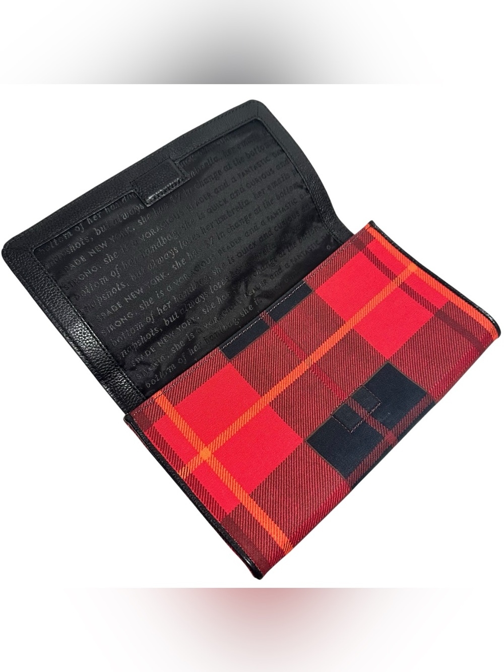 Kate Spade Red Plaid Canvas & Black Leather Bow Flap Clutch Mini Bag on Chain - Picture 7 of 14